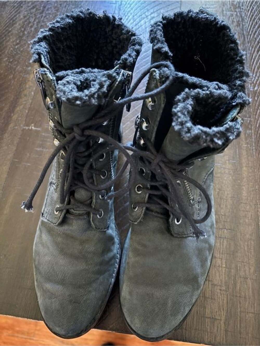 Sam Edelman Black Suede Shearling-Lined Lace-Up Ankle Boots